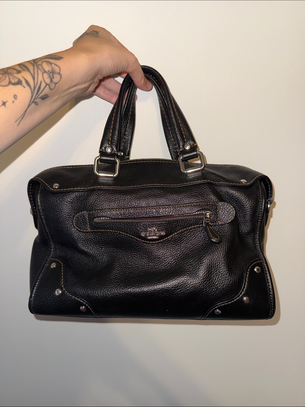 Coach Black Pebbled Leather Satchel with Silver Hardware